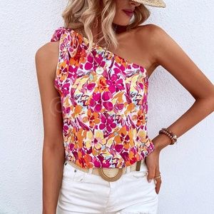 One Shoulder Tie Floral Print Bright Summer Top